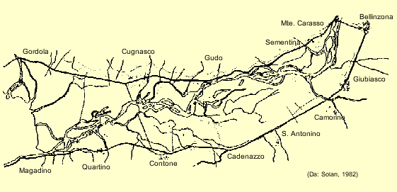 Piano di Magadino: la situazione nel 1850 prima della correzione del fiume Ticino